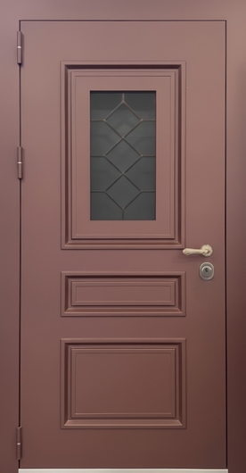 Утепленная термодверь с окном, ковкой, металлофиленкой и коричневым полимерным покрытием